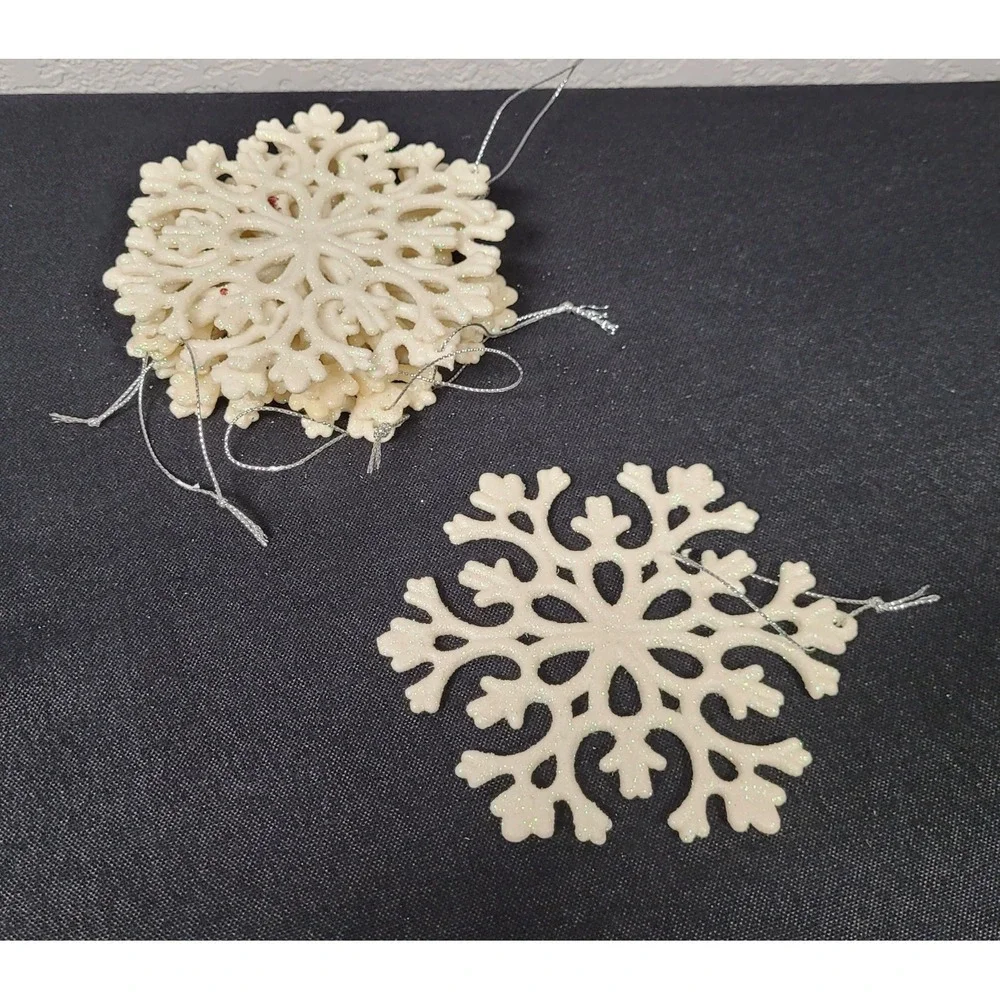 White, Glittery Snowflake Christmas Ornament Plastic (Lot of 7)